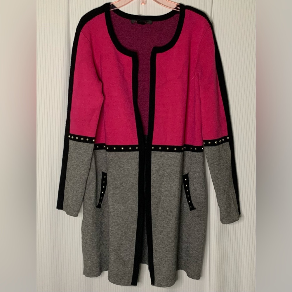 Elena Wang Cardigan Open Front Color Block Pink Grey Black w/ Stud detail Small